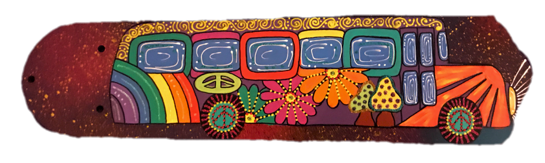 hippie bus painted with flowers mushroom and peace signs